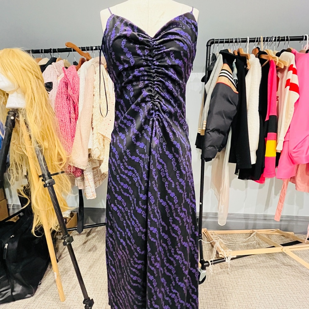 Purple Ruched Midi Sundress with Spaghetti Straps